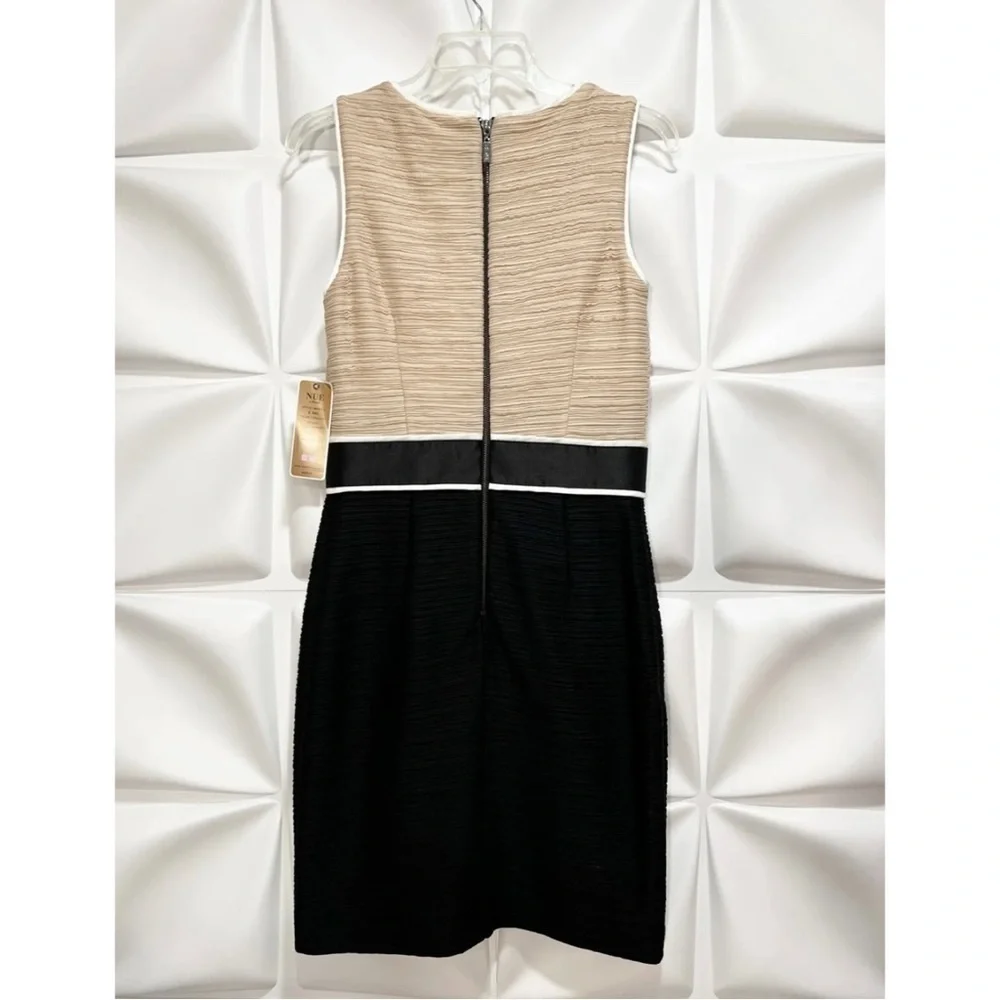 NUE by Shani Sz 6 Ruched Beige Black White Sheath Dress Shape Slimming